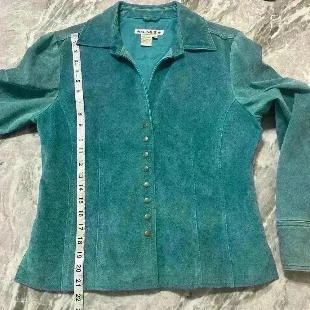AMI Women's Blue Jacket Lined Leather Coat Blazer Vintage Medium Festival - Picture 9 of 12